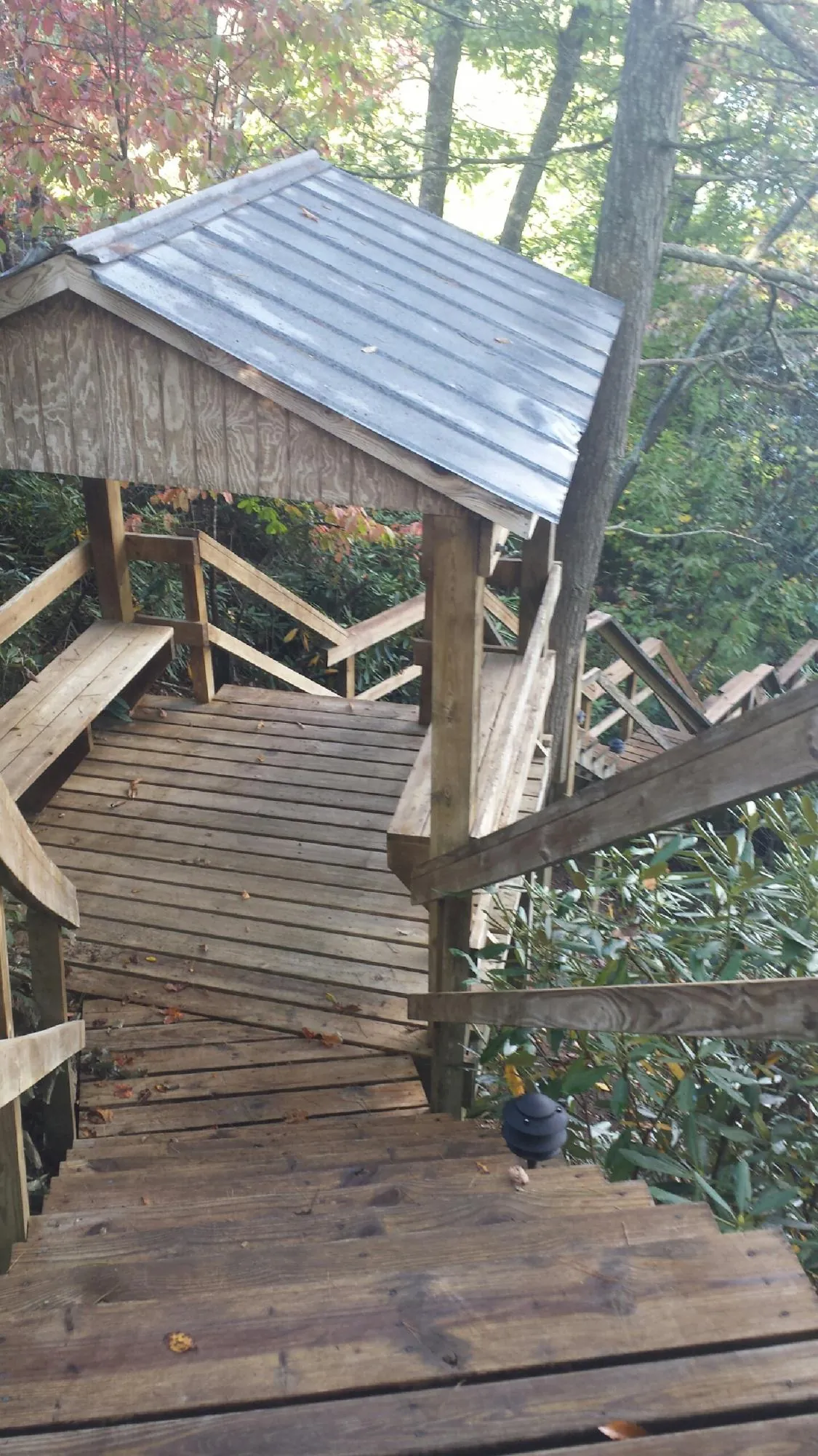 Metal roofed shelter over wooden steps on a wooded walkway — Skylight Repair & Installation work by our crew in Fulks Run